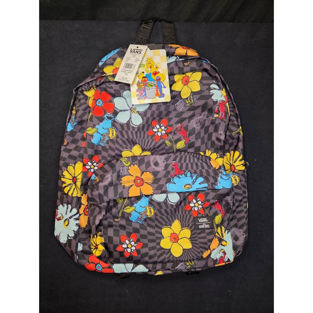 Vans Sesame Street Backpack Black Checkerboard Floral Elmo Cookie Monster new!